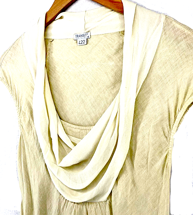 TRANSIT PAR SUCH ITALY. Beige Linen/Silk Dress Cowl Neck Lantern Hem Cap Sleeve