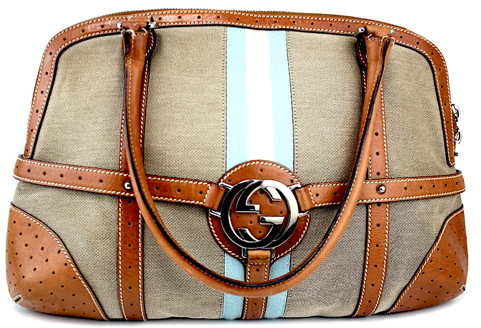 GUCCI ITALY. GG Logo Brown Leather Beige Canvas Shoulder Bag / Handbag