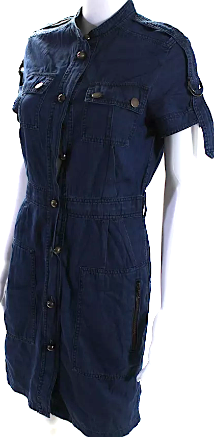 Lanvin Paris. Acne Studios Collab. Blue Cotton Chambray Crew Neck Short Sleeve Denim Shirt Dress