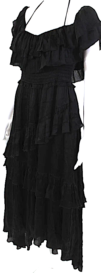 Ulla Johnson NY Black Silk Tiered Ruffled V-Neck Mid-Calf Dress