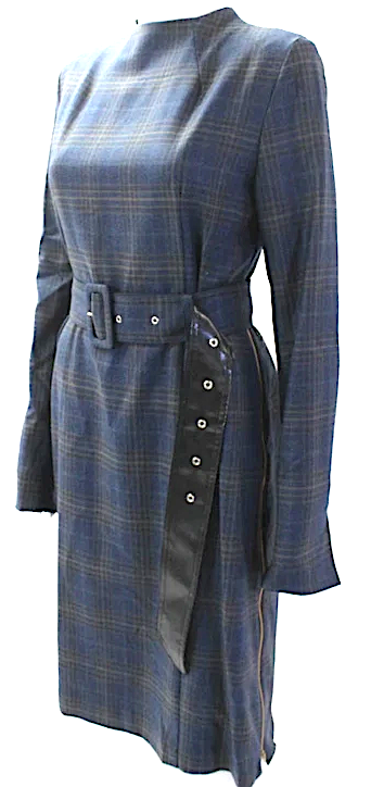 Toga Pulla Archives Japan. Wool Blue Plaid Print Zippered Detail Belted Dress