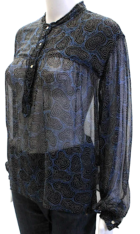 Etoile Isabel Marant PARIS. Blue/Black Silk Abstract Long Sleeve Blouse Top