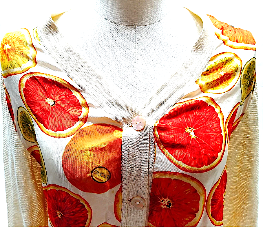 Gucci Italy. Knit "Oranges" Logo Cotton/Linen/Nylon Cardigan Style Top