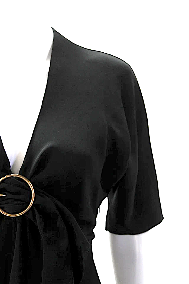 Prada Italy. Black Short Sleeve V Neck Knee Length Silk Shift Dress