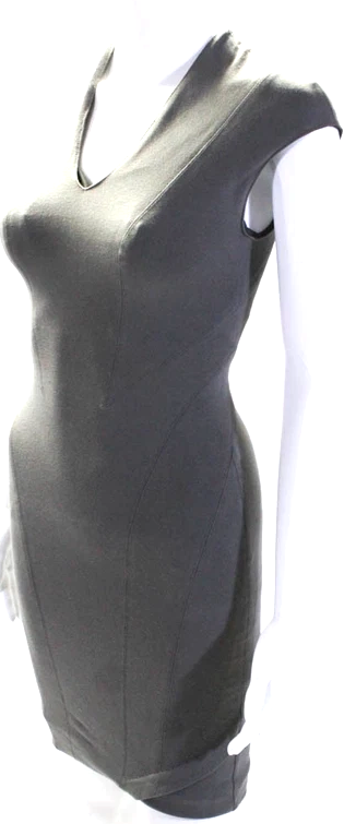 Helmut Lang. Gray Cotton Darted V-Neck Zipped Midi Sheath Dress