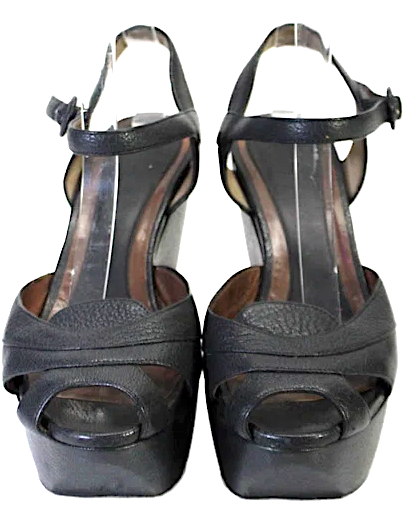 Marni Italy. Black Leather Peep Toe Platform Ankle Strap Sandals Black Size 8