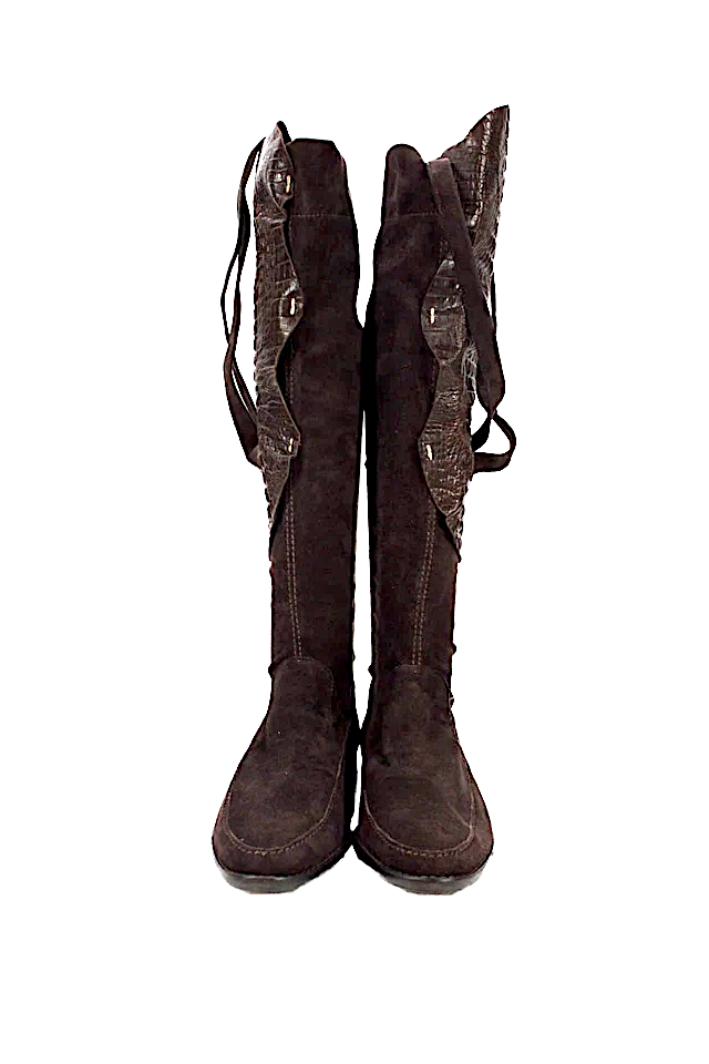 HHenry Beguelin Paris. Handmade Brown Suede Embossed Lace Up Over Knee Boots Shoes Sz 8.5