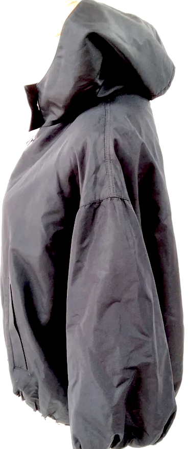 Prada Italy. Black Silk, PolyTech Nylon Hooded Cropped Jacket