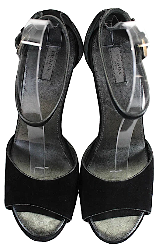 Prada Italy Black Suede Studded Detail Ankle Strap Wood Wedge Heels Size 9.5