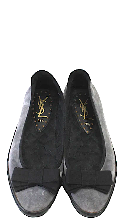 Yves Saint Laurent Paris Gray Black Velvet Bow Detail Slide On Ballet Flats Size 38.5
