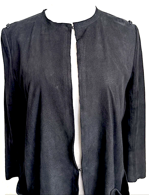 Ann Demeulemeester Belgium. Black Collarless Leather Suede, Rayon Lined Coat