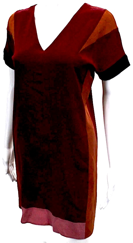 Miu Miu Italy. Red, Pink Silk Short Sleeve V Neck Silk Colorblock Dress