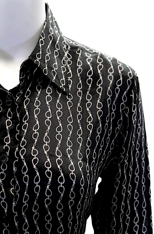 GUCCI ITALY. Black/Grey Silk Horsebit Print Button Down Blouse