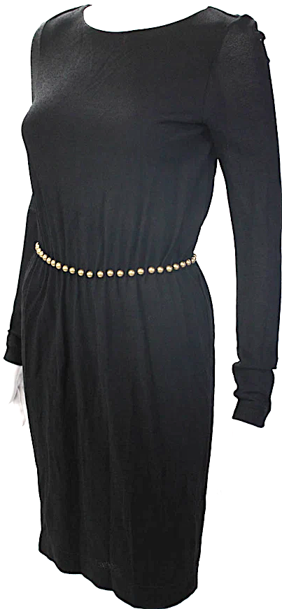Gucci Italy. Black Viscose Crew Neck Embellished Waist Long Sleeve Dress