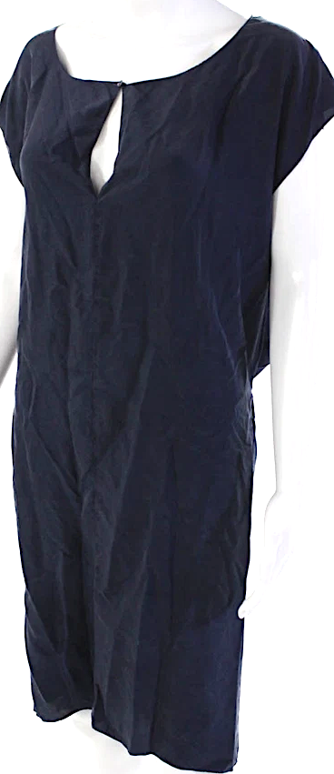 Yves Saint Laurent Paris. Dark Blue Silk Sleeveless V-Neck Pullover Mini Dress