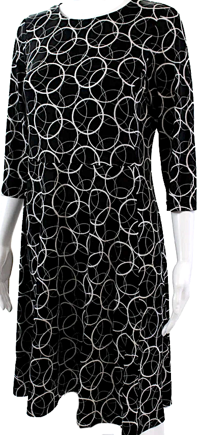 Courreges Paris. Black Long Sleeve Abstract Print A Line Dress