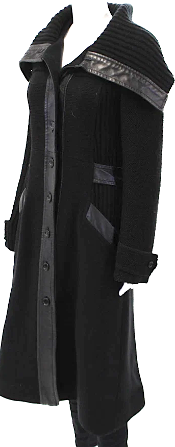 EDUN UK. Black Wool Knit Collared Long Sleeve Button Up Longline Coat