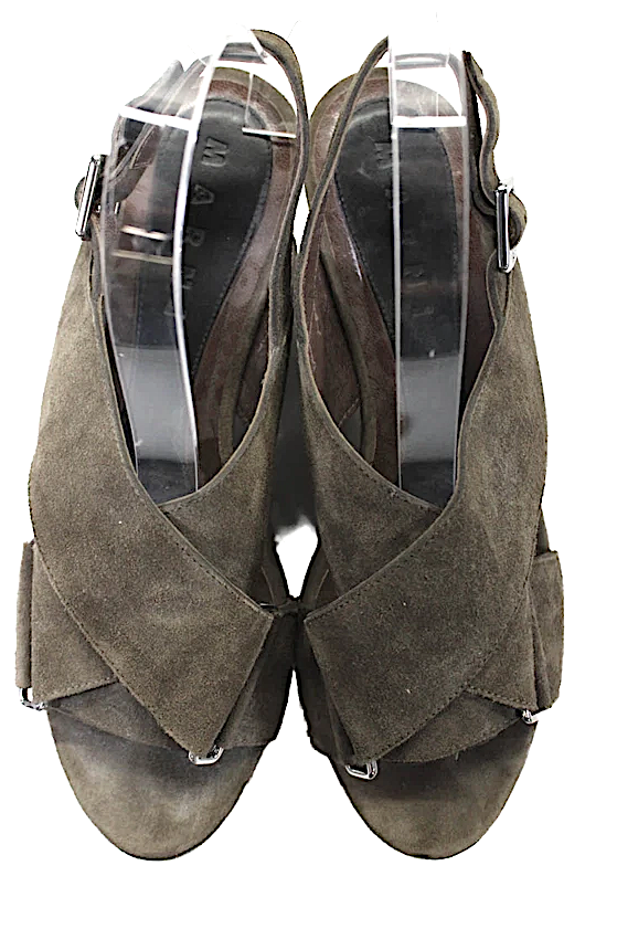 Marni Italy. Grey/Green Suede Buckled Ankle Strap Platform Heel Sandals Size 8