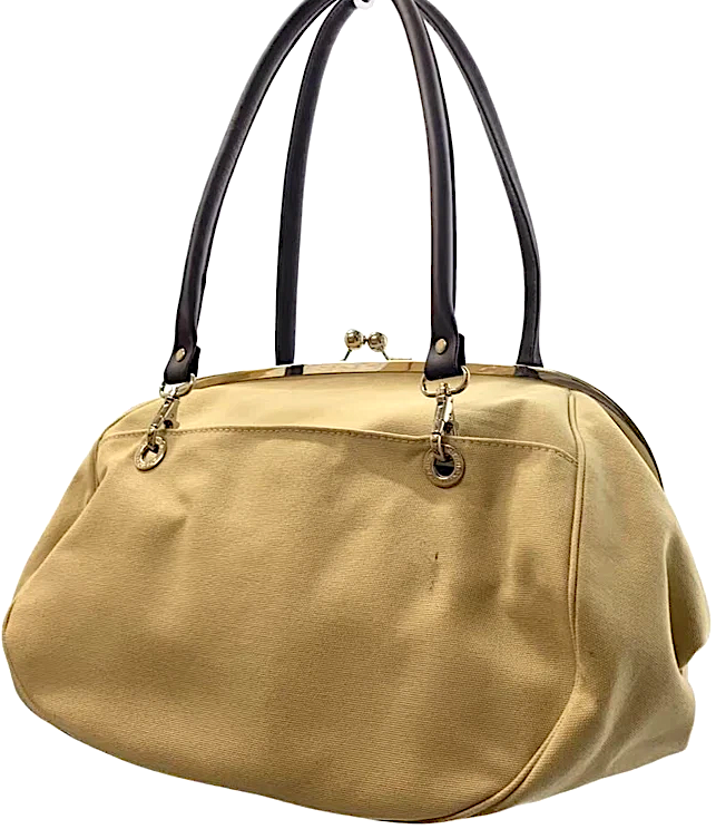 AYANOKOJI JAPAN. Large Kiss Lock Beige Canvas Shoulder Bag