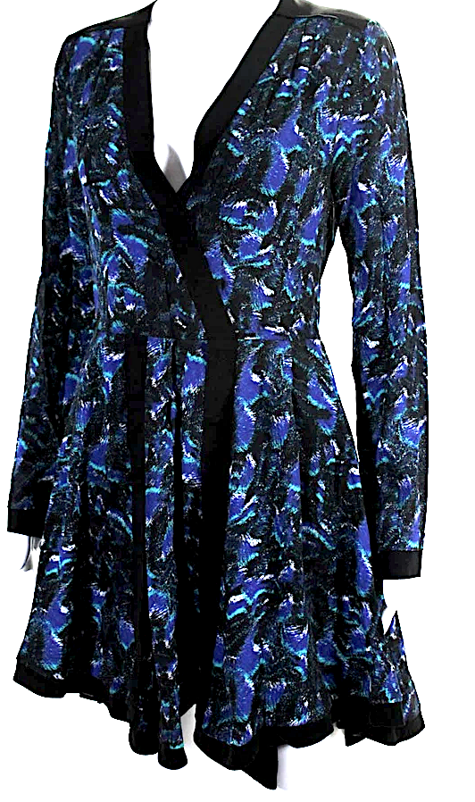 Proenza Schouler NY. Blue, Multi Color Long Sleeve V Neck Abstract Silk Dress