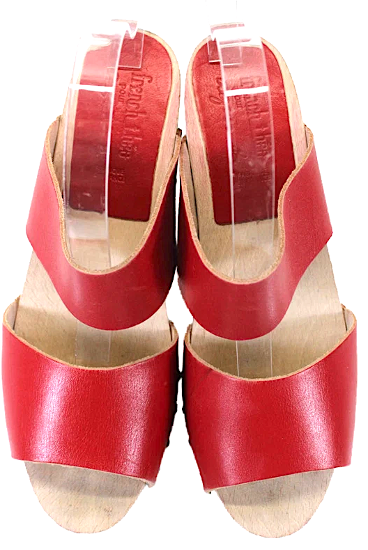 French Theo For Agnes B Paris. Red Leather Block Heel Slide Sandals Size 39.5