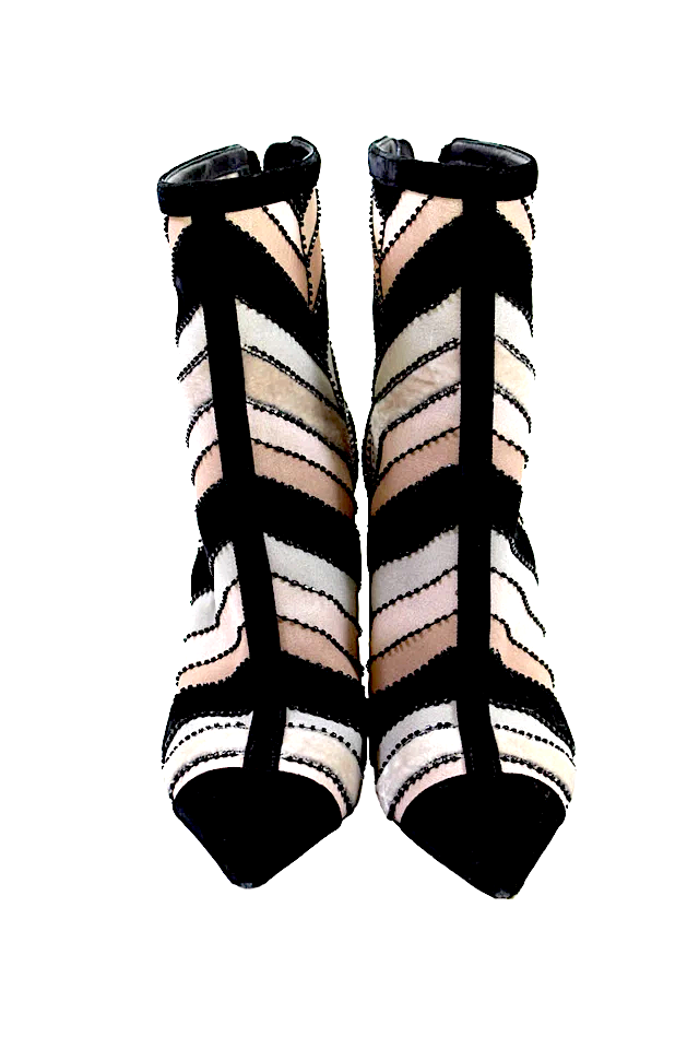 Christian Dior PARIS. Black Brown Block Heel Chevron Pattern Velvet Striped Beaded Boots Size 37