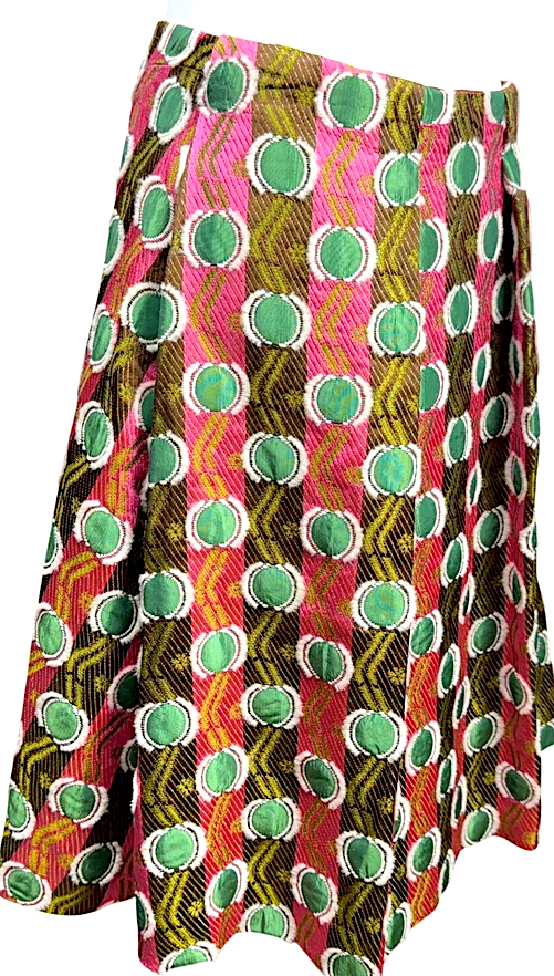Marni Italy. Pink Green Jacquard Hemp Blend Tea length Pleated Skirt