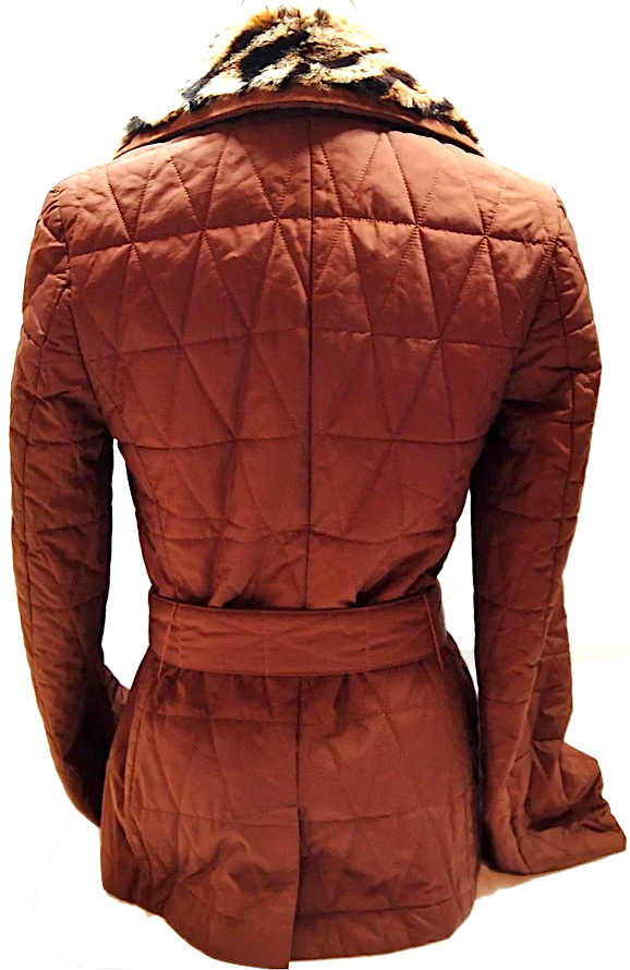 Ferragamo Italy. Fur Collar, PolyTech Brown/Burnt Sienna Color Tie Jacket