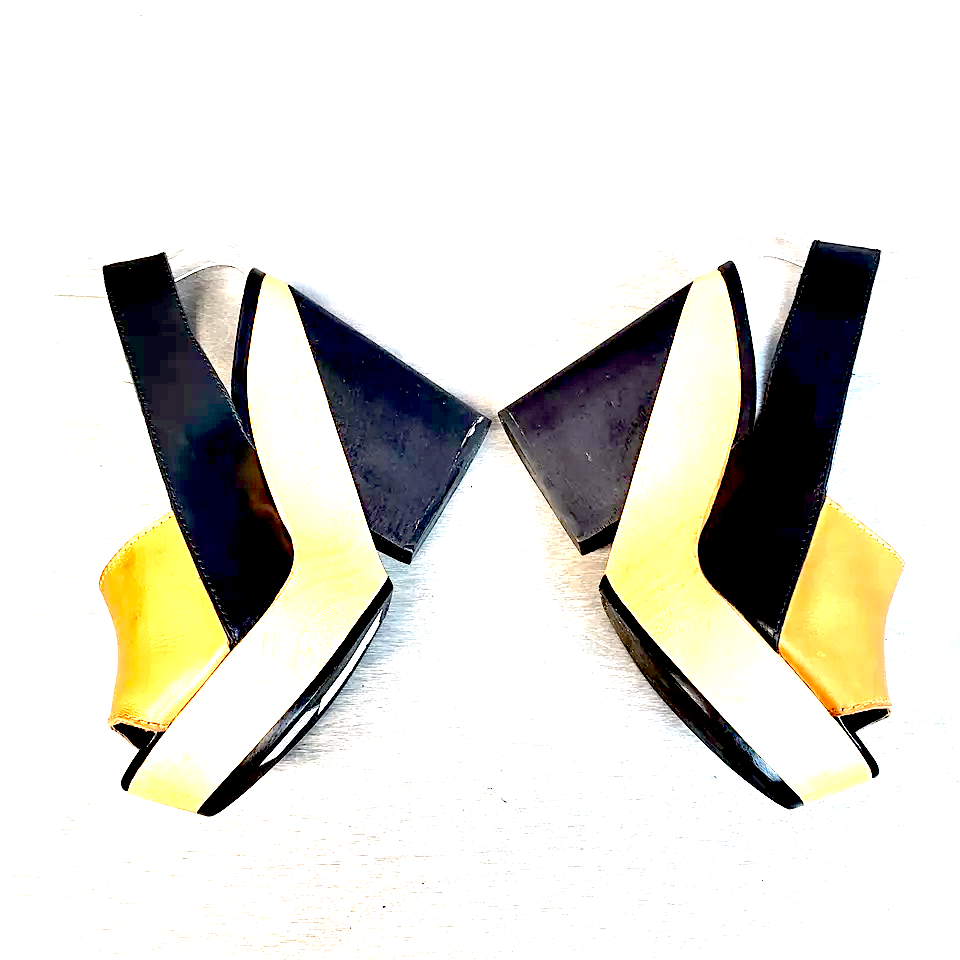 Pierre Hardy Paris. (Hermes Shoe Designer) Platform Wedge Peep Toe Slingback Wood Black Leather Heals Size 38