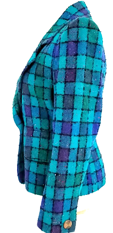 Yves Saint Laurent Paris. Blue Wool, Nylon, Cupro Plaid Jacket