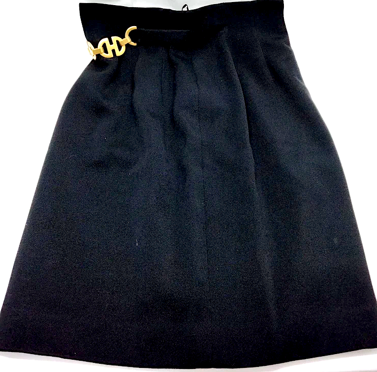 CELINE PARIS. Black Wool Skirt with Goldplated Hardware