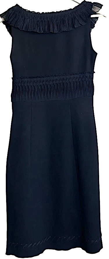 Prada Italy. Black Ruffle Trim Sleeveless Midi Dress