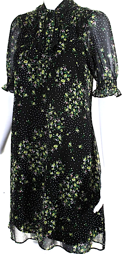 DONNA KARAN. DKNY Black Floral Print Tie Collar Short Sleeve Shift Dress Black