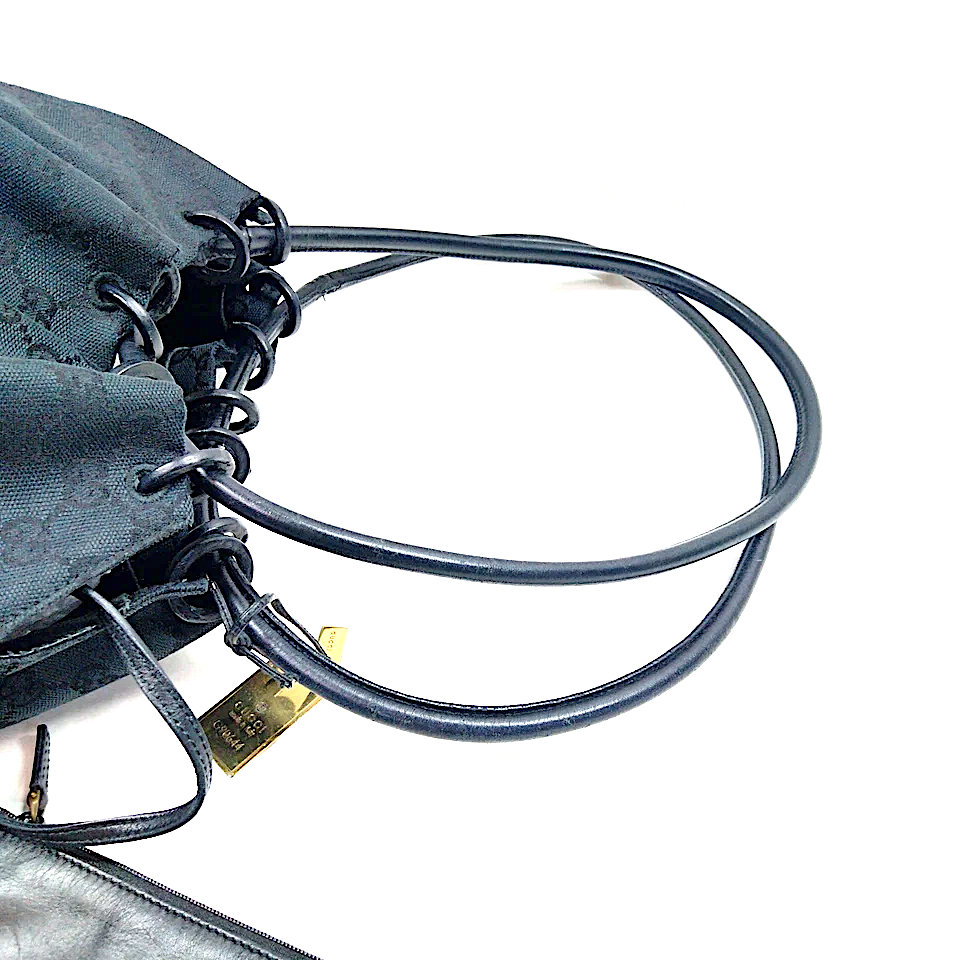 Gucci Italy. Black Canvas/Leather Logos Shoulderbag/ Handbag