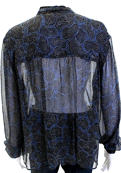 Etoile Isabel Marant PARIS. Blue/Black Silk Abstract Long Sleeve Blouse Top