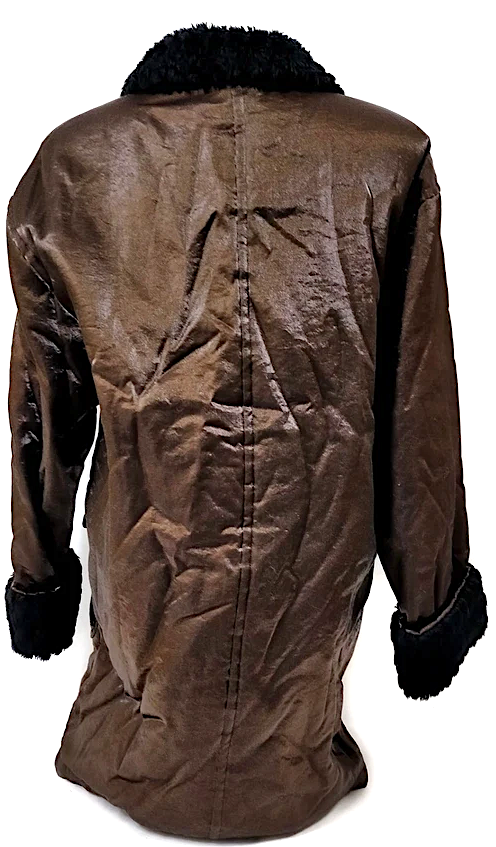 Givenchy Paris. Vintage Brown Rayon.Nylon Coat w/Black Faux Fur Accents. MANY MORE FURS AND FAUX FUR IN STORE NOW