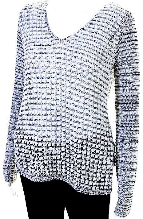 Helmut Lang White/Black Cotton Long Sleeve V Neck Open Knit Blouse