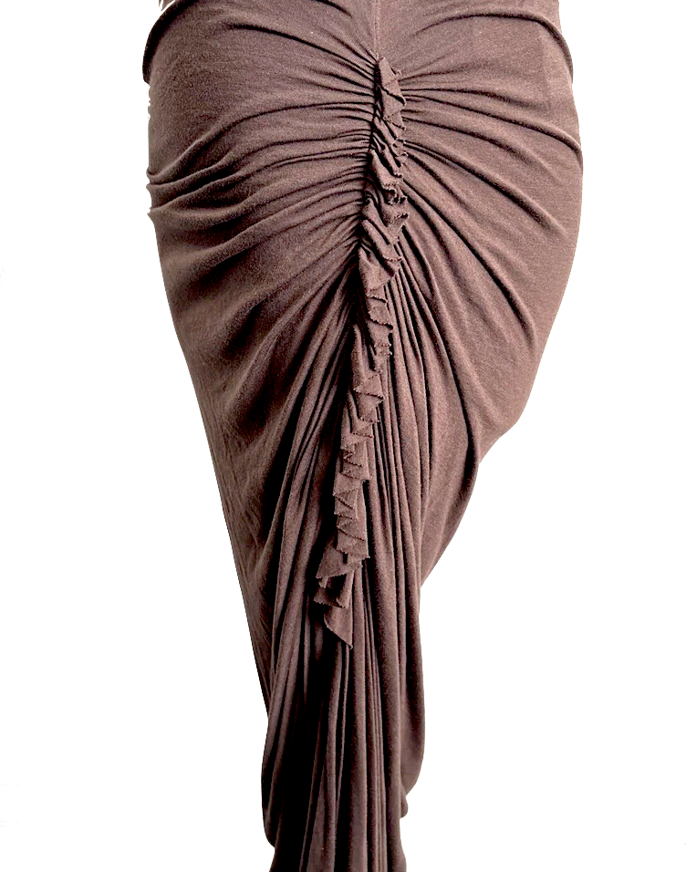 Rick Owens Paris. Lilies. Dark Dust Brown Jersey Ruched Skirt with Ruffle