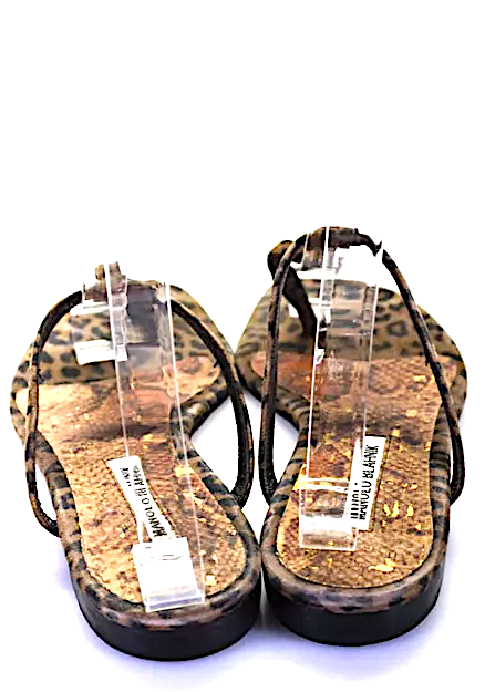 Manolo Blahnik Brown Animal Print T-Strapped Slip-On Sandals Size EUR 38.5