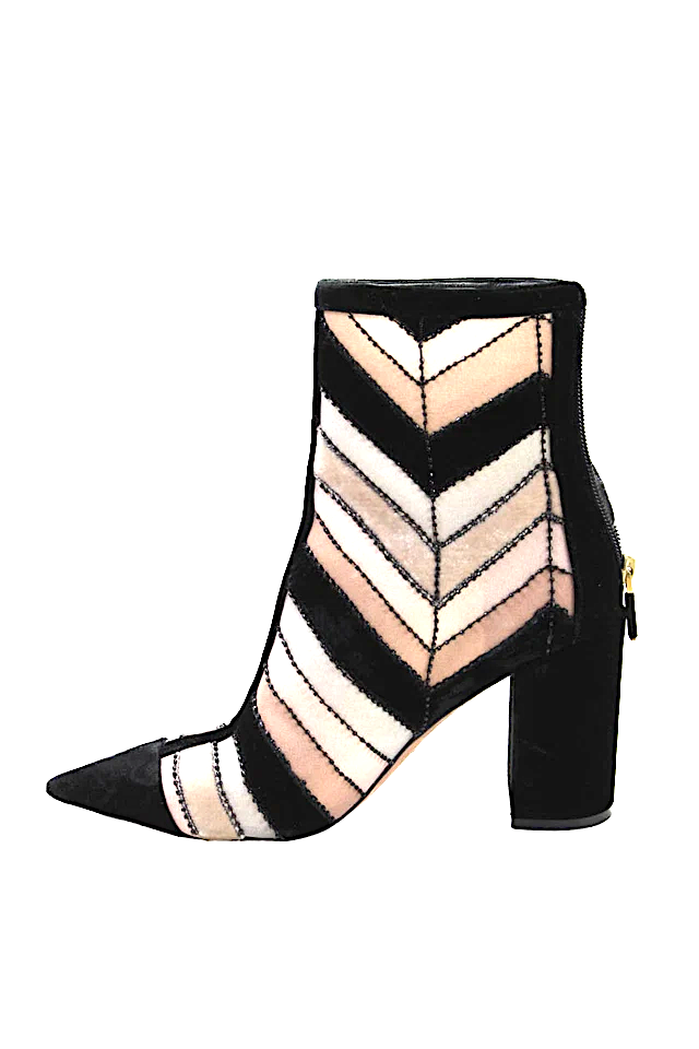 Christian Dior PARIS. Black Brown Block Heel Chevron Pattern Velvet Striped Beaded Boots Size 37