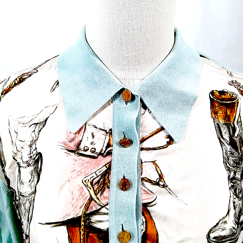 Hermes Paris. Vintage Light Blue Silk, Cotton Scarf Print Top