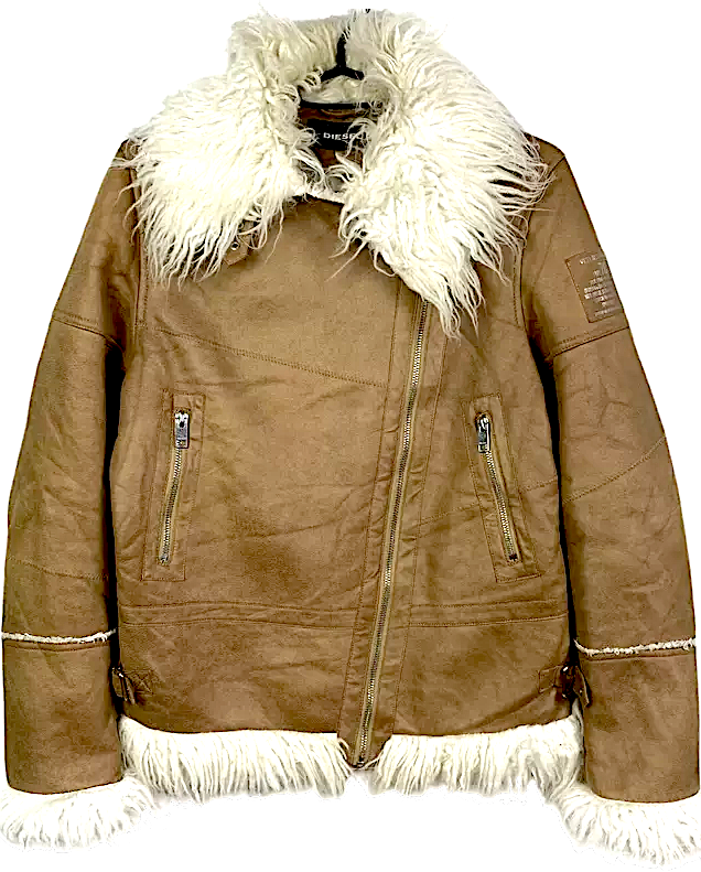 Diesel. Honey Brown Color Leather Faux Fur Boho Chic 70's Inspired Jacket