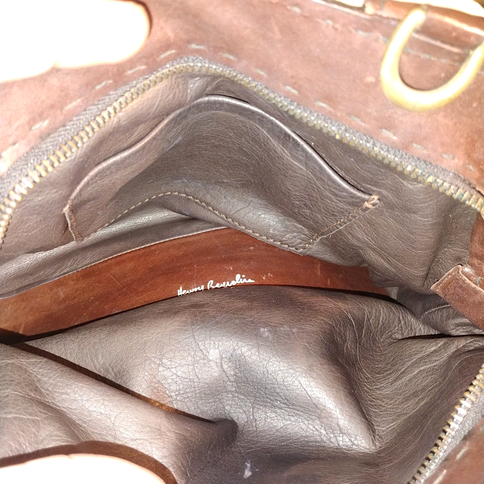 Henry Beguelin Paris. Vintage Handmade Distressed Leather / Snake Embossed Detail Shoulder Leather Bag