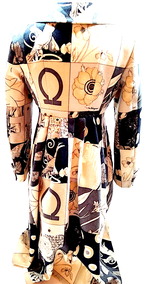 Ferragamo Italy. Multi Color Abstract Wool, Nylon Coat
