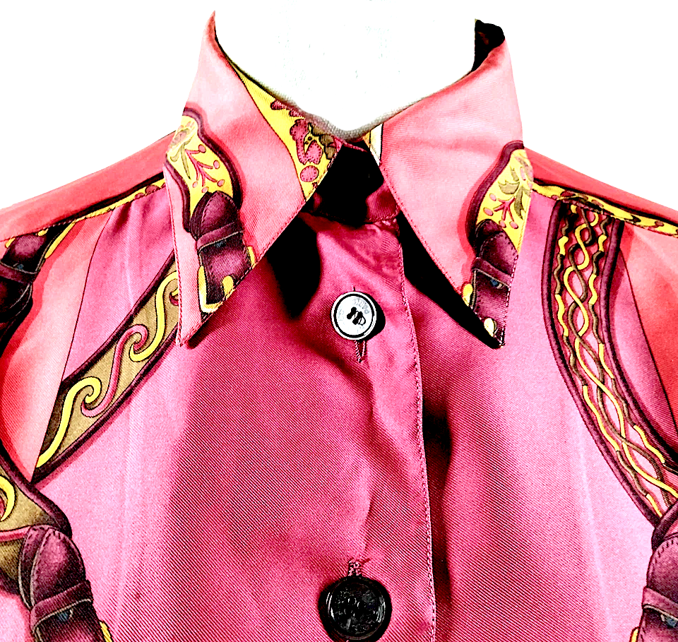Hermes Paris. Vintage Silk Burgundy Scarf Print Button Top