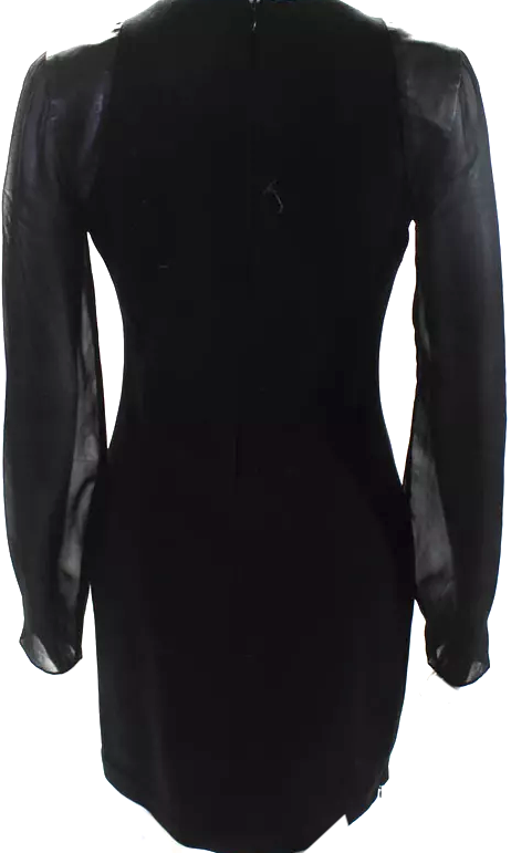 Joseph London Black Wool Blend V Neck Sheer Long Sleeve Leather Accent Pencil Dress