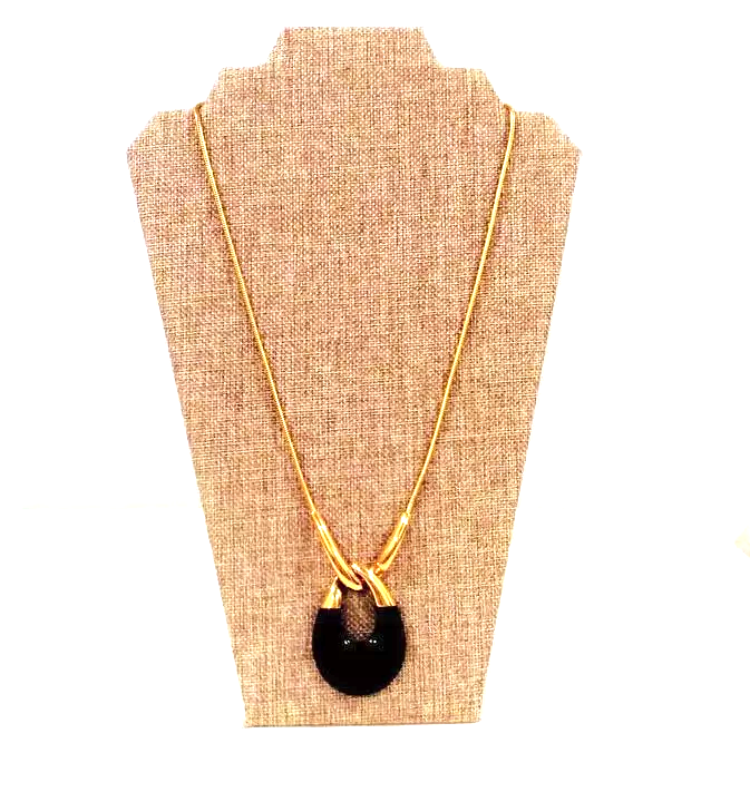 Vintage Goldplated Signed Crown Trifari Black Lucite Teardrop Pendant Necklace