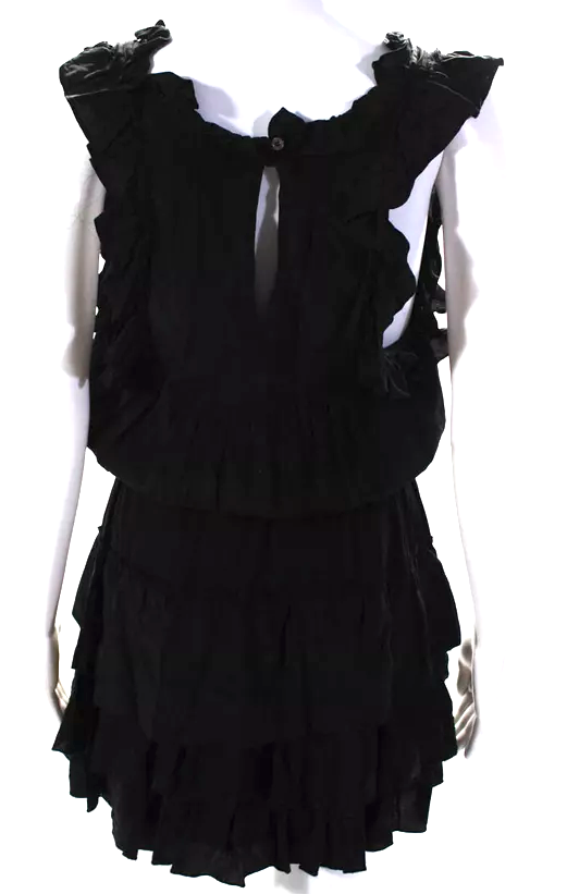 Isabel Marant Paris. Black Ruffle Neck Sleeveless Tiered Mini Dress