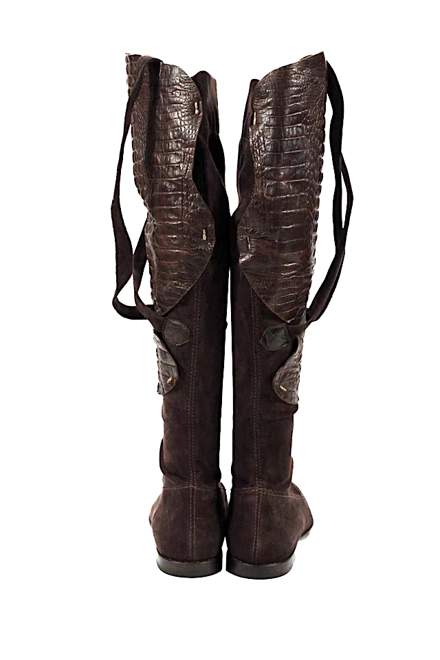 HHenry Beguelin Paris. Handmade Brown Suede Embossed Lace Up Over Knee Boots Shoes Sz 8.5