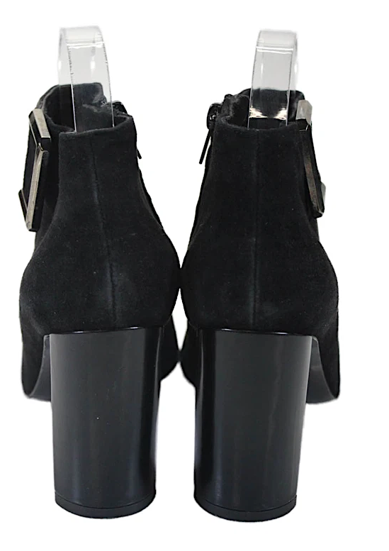 Robert Clergerie Paris. Black Suede Zippered Silver Buckle Accent Heeled Boots Size 9.5